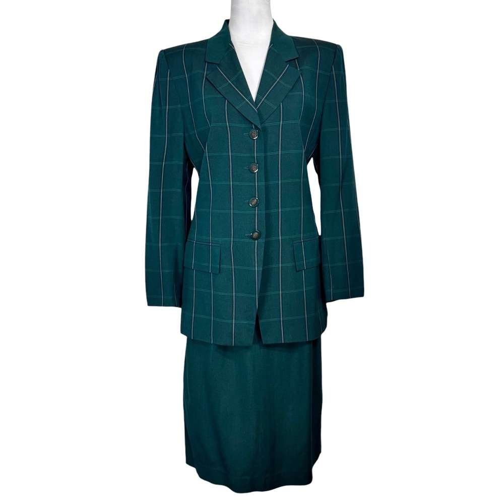 NEW Kasper Vintage‎ Longline Blazer Skirt Suit Set Size 12 10 Green Gold Career